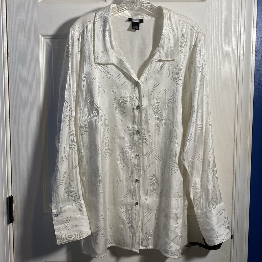Studio 1940 Holiday White Sparkle Glitter Blouse Top 18/20W